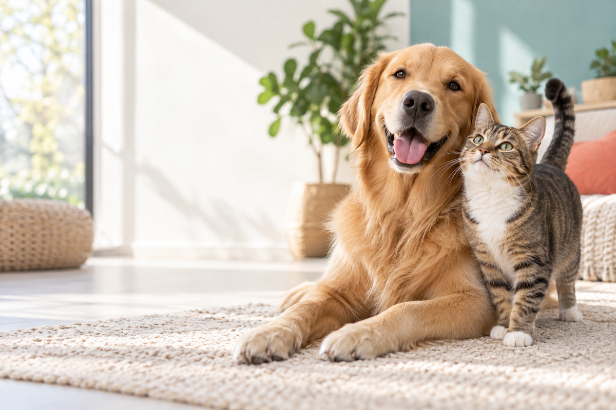 A golden dog and tabby cat relaxing together in a bright home
